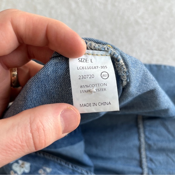 Denim Knee Length Dress Women Floral Short Sleeve Large Button Up Chambray - Picture 8 of 9